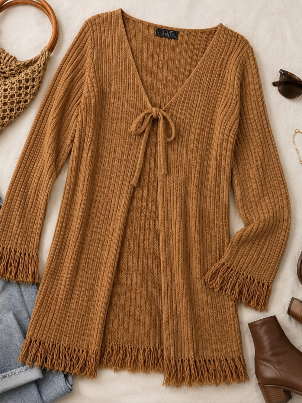 Y2K Tie Front Knit Ribbed Sweater Maxi Fringe Cardigan OS‎ Boho
